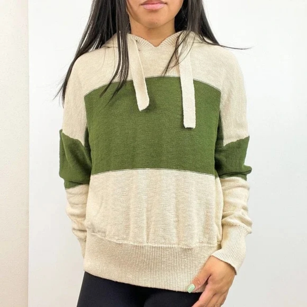 Madewell - Clairview Hoodie Sweater in Colorblock Artichoke & Cream NC681, Large